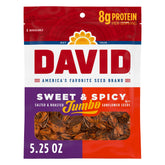 DAVID Sweet and Spicy Jumbo Sunflower Seeds front pack for grab-and-go snacking