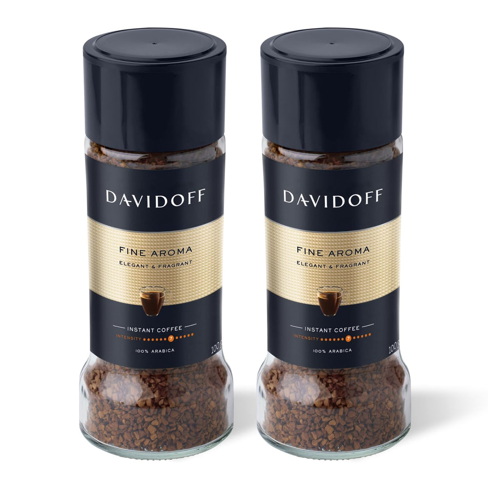 Davidoff Fine Aroma Instant Coffee packaging showcases premium blend for elegant mornings.