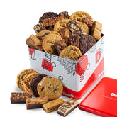 David's Cookies 5lb tin gift basket, showing assorted treats for sharing at gatherings.