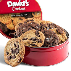 David's Cookies assorted gift tin with jumbo cookies, ideal for gifting occasions.