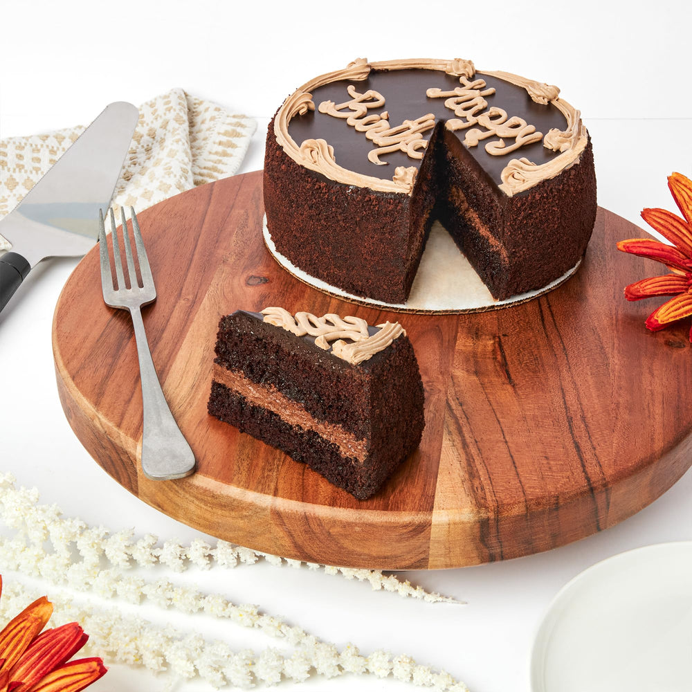 David's Cookies Chocolate Fudge Cake 7-inch slice close-up shows rich frosting and moist crumb.