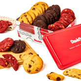 David's Cookies chocolate chip mini cookies in a festive tin, ideal for gifting.