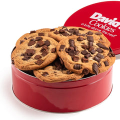 David's Cookies triple chocolate chunk gift tin with eight fresh cookies, ready to share.