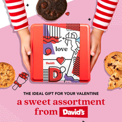 David's Cookies gift tin packaging emphasizes premium, reusable keepsake tin