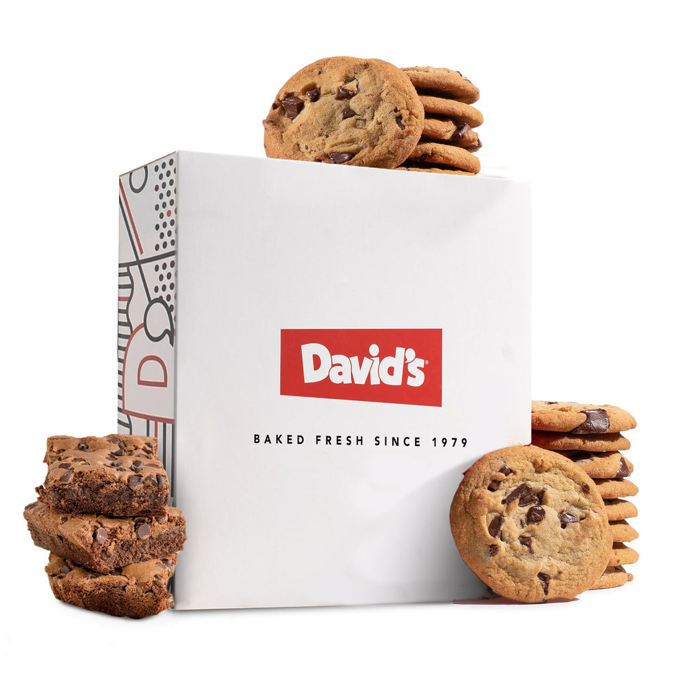 David's Cookies gluten-free chocolate chip cookies box front, ideal gift presentation.