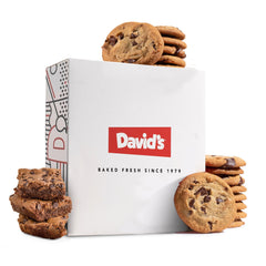 David's Cookies gluten-free chocolate chip cookies box front, ideal gift presentation.