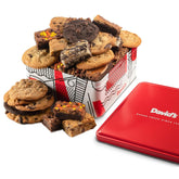 David's Cookies tin crate gift packaging displaying assorted cookies and brownies for sharing.