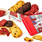 David's Cookies love tin with chocolate chip cookies, perfect for gifting and sharing