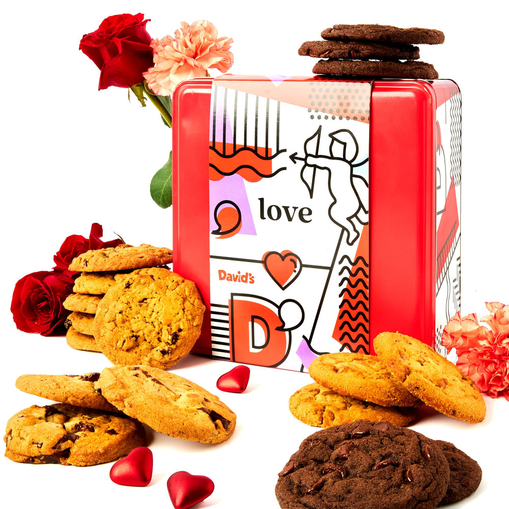 David's Cookies love tin front view shows elegant gift packaging for Valentine’s Day
