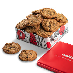 David's Cookies oatmeal raisin gift tin; soft-baked cookies perfect for celebrations.
