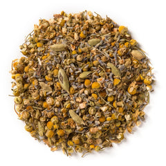 Close-up of Davidson's Organics Sleep tea leaves with label, signaling sustainable farming and quality.