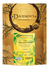 Davidson's Organics Tulsi Chamomile Flower loose leaf tea with calming aroma.
