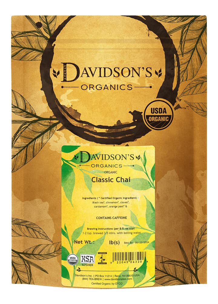 Davidson's Classic Chai loose leaf close-up showing bold spice blend for a rich brew.