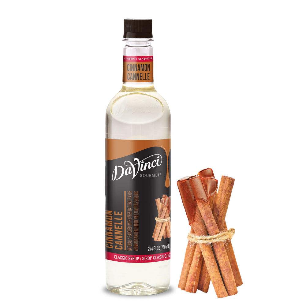 DaVinci Gourmet Classic Cinnamon Syrup bottle enhances coffee flavor with warm notes.