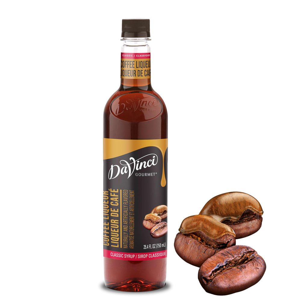 DaVinci Gourmet Classic Coffee Liqueur Syrup bottle showing rich aroma for nonalcoholic beverages