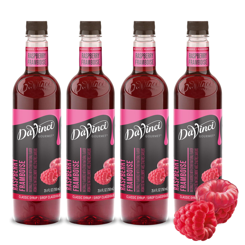 DaVinci Gourmet Classic Raspberry Syrup bottle highlights rich berry flavor for drinks and desserts.