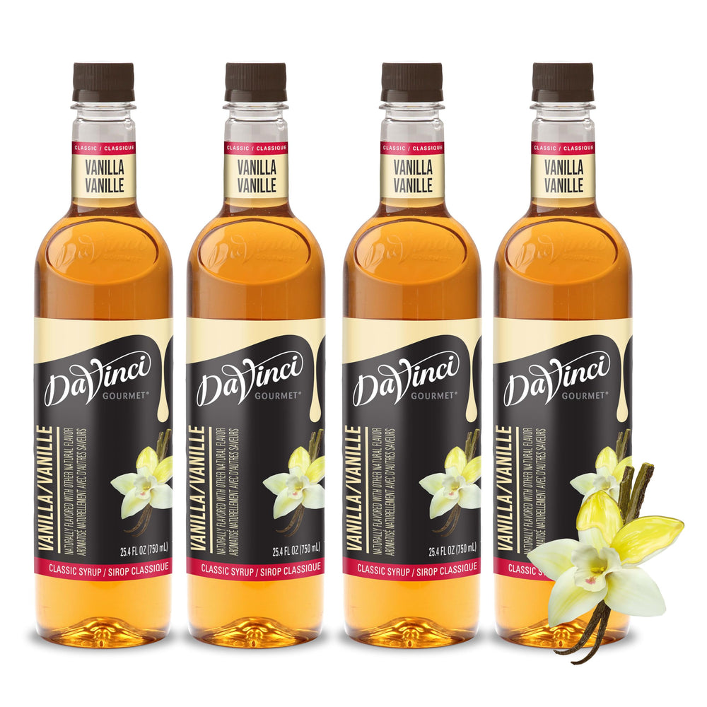 DaVinci Gourmet Classic Vanilla Syrup bottle on kitchen counter adds rich coffee flavor.