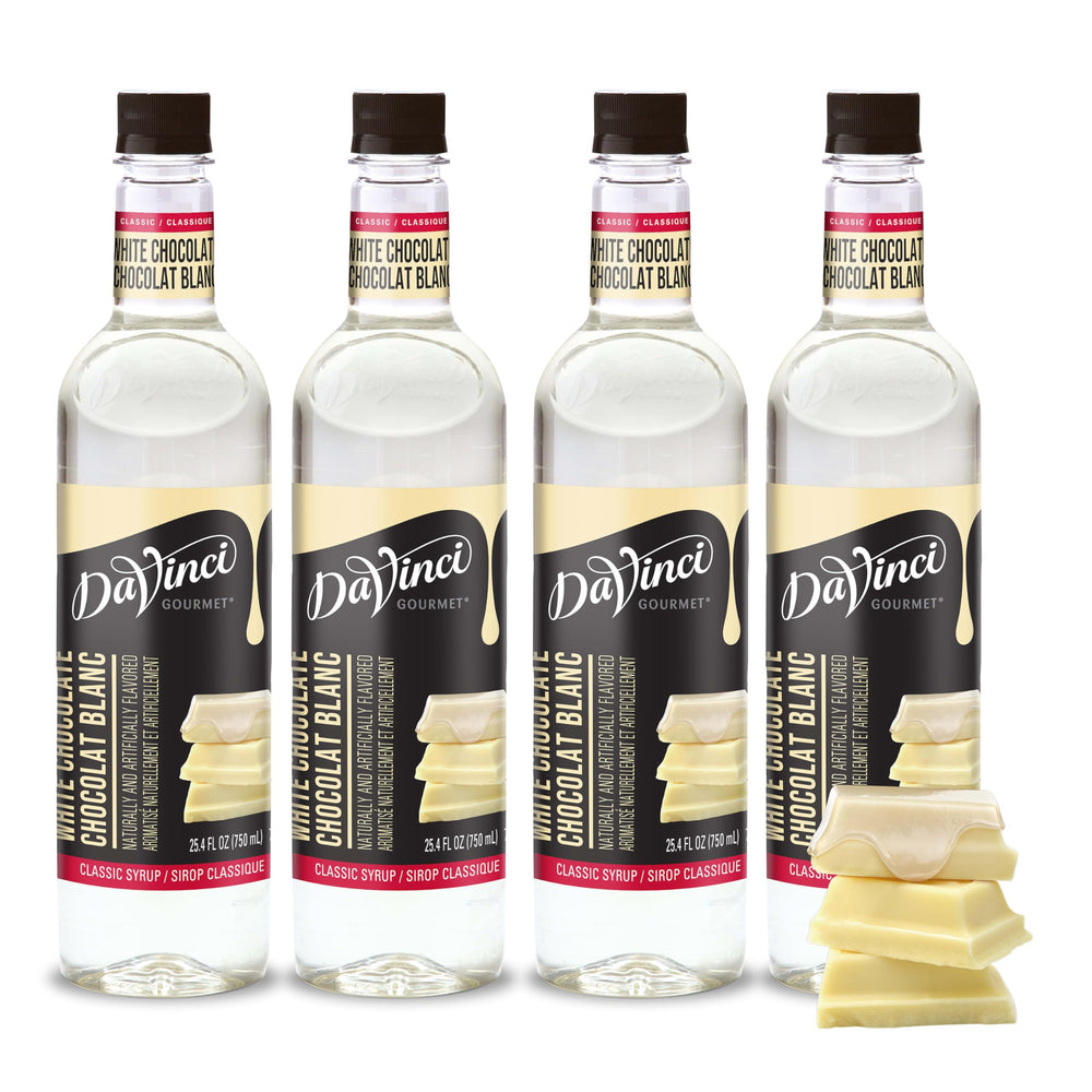 DaVinci Gourmet Classic White Chocolate Syrup bottle label showcases premium flavor for creative beverages