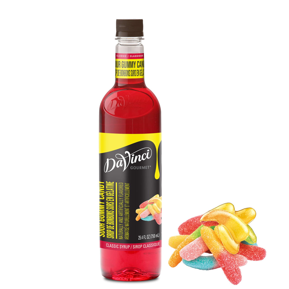 DaVinci Gourmet Sour Gummy Syrup bottle shows bold cherry, lemon, and lime flavors.
