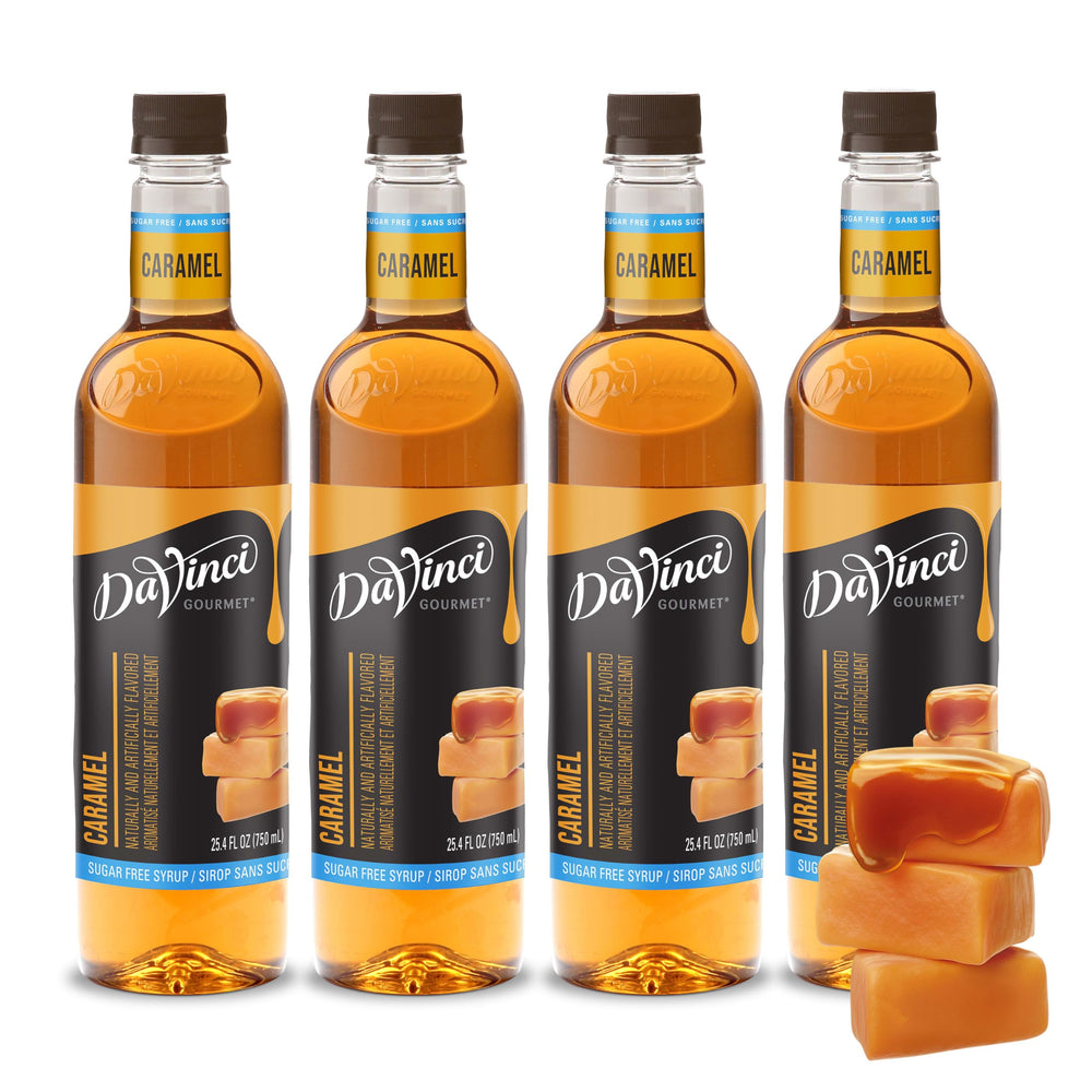 DaVinci Gourmet Sugar-Free Caramel Syrup bottle front, ideal for enhancing coffee flavor.