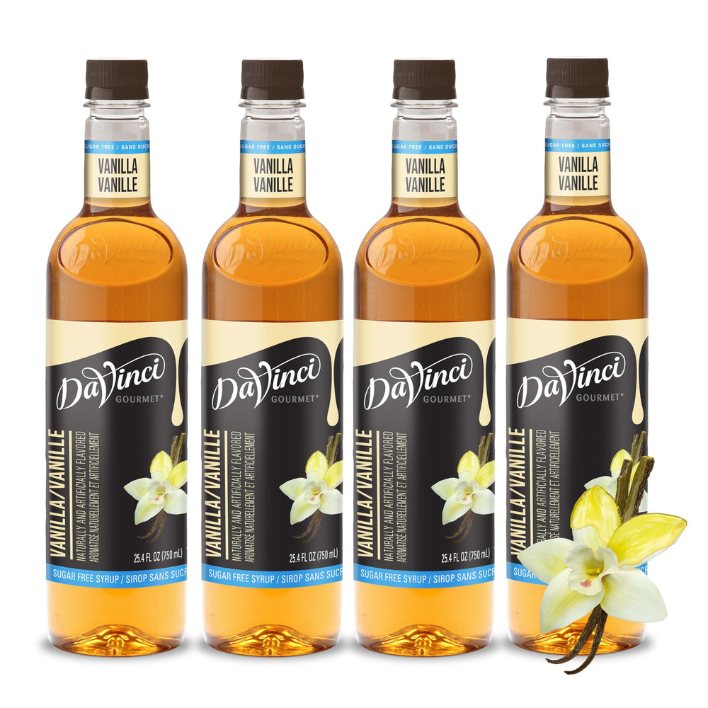 DaVinci Gourmet Sugar Free Vanilla Syrup bottle highlighting vanilla flavor.