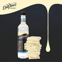 Pouring DaVinci Gourmet Sugar-Free White Chocolate Syrup into coffee for creamy flavor