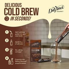 DaVinci Gourmet Vanilla Cold Brew poured over ice in a tall glass.