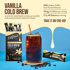 DaVinci Gourmet Vanilla Cold Brew being stirred into water for instant flavor.