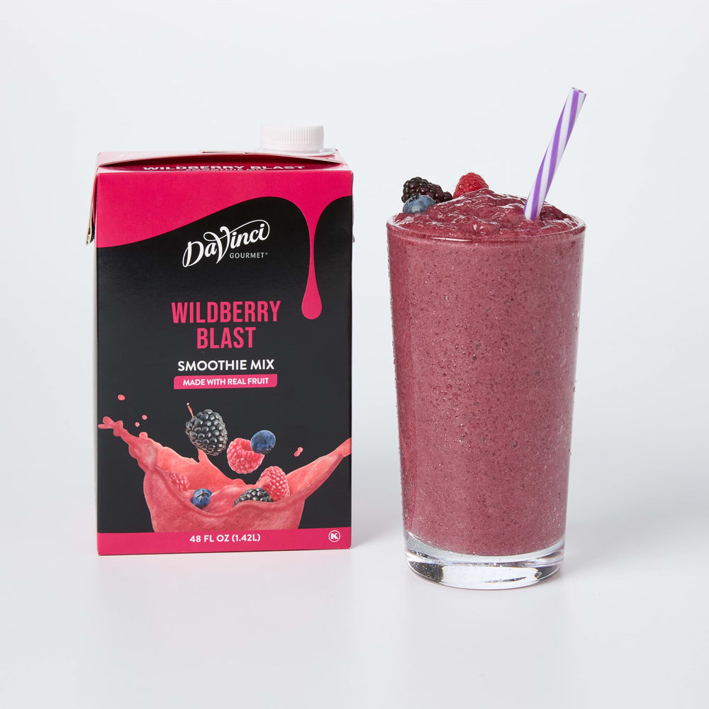 DaVinci Gourmet Wildberry Blast Smoothie bottle on ice highlights bold berry flavor.