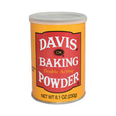 Davis baking powder double-acting canister front view for reliable baking results.