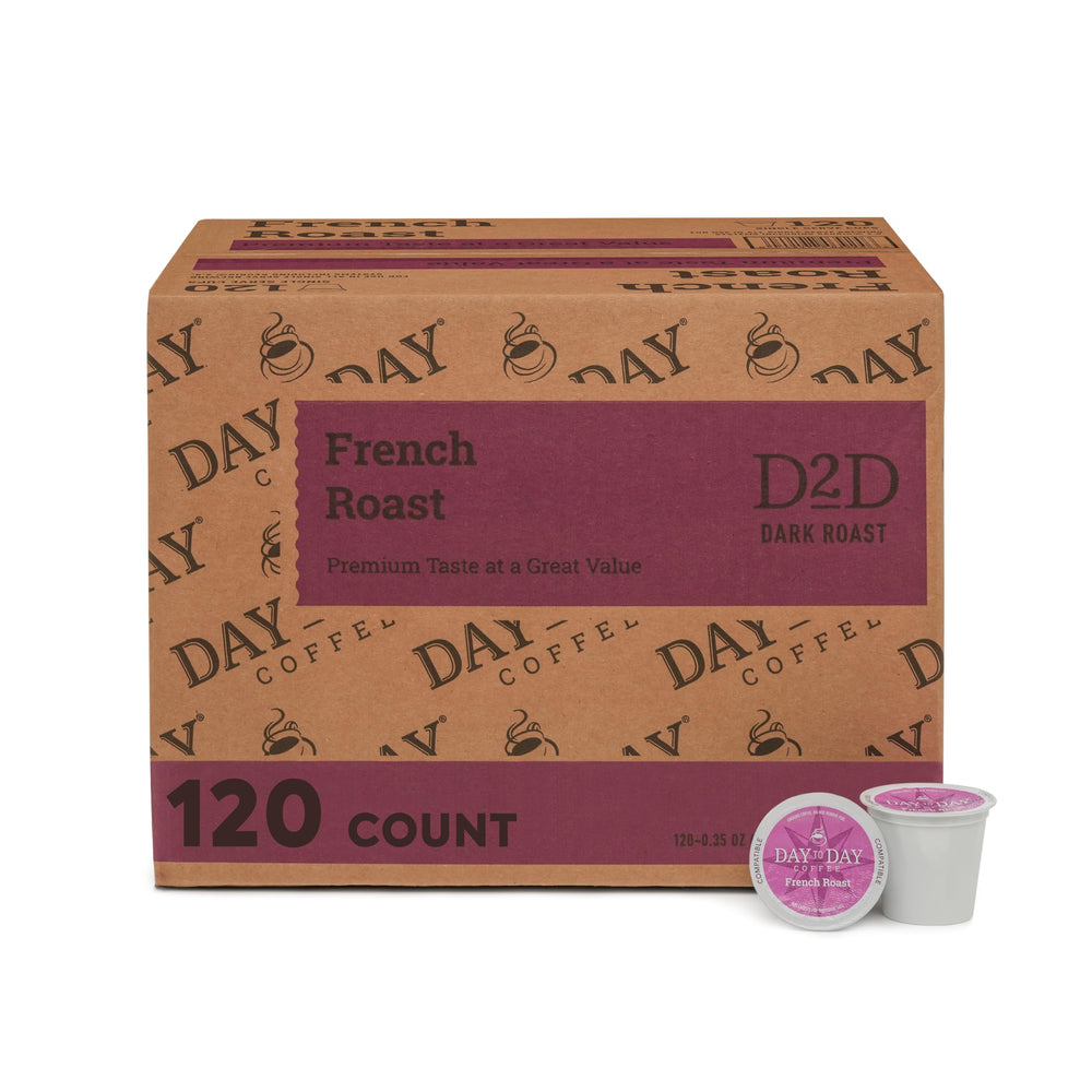Day To Day Coffee French Roast pods in a 120-count box deliver bold mornings with consistent flavor.