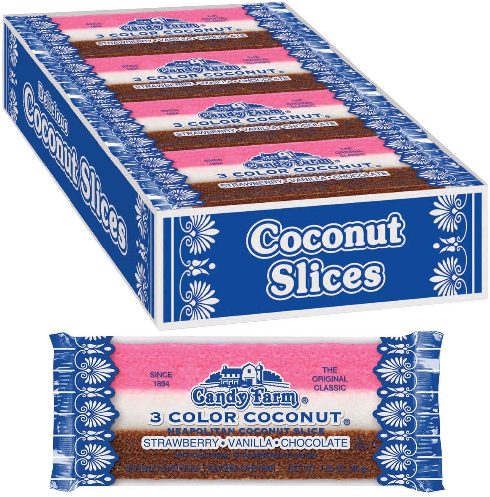 Dayton Nut Specialties Neapolitan Coconut Slice Vanilla strip bar for on-the-go snacking.
