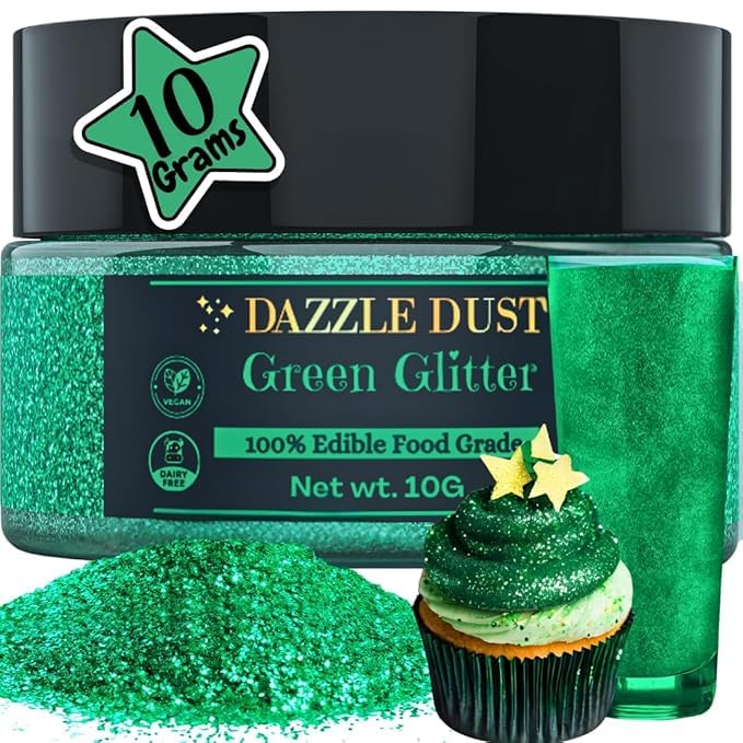 Dazzle Dust green edible glitter on a cake, adding sparkle.