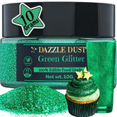 Dazzle Dust green edible glitter on a cake, adding sparkle.