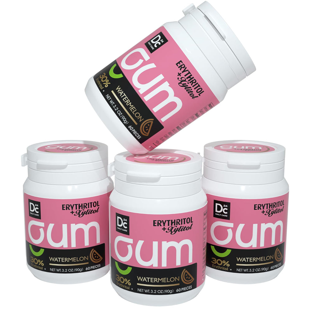 DC24 Daily Care Watermelon pack shot shows four portable bottles for fresh breath on the go