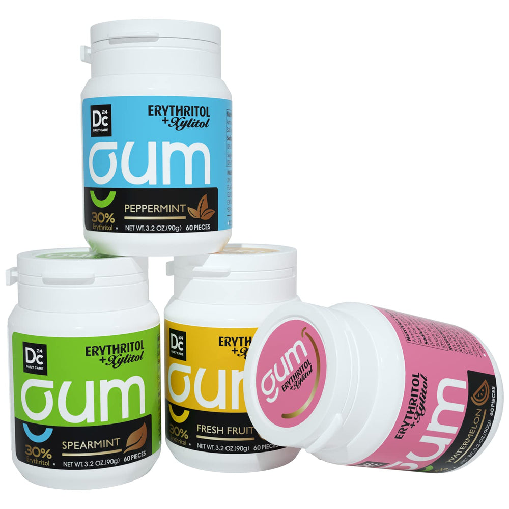 DC24 Daily Care xylitol gum variety pack outer box, sugar-free and low-calorie.