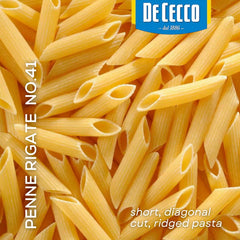 Bronze-drawn texture of De Cecco Penne Rigate No. 41 reflects traditional quality