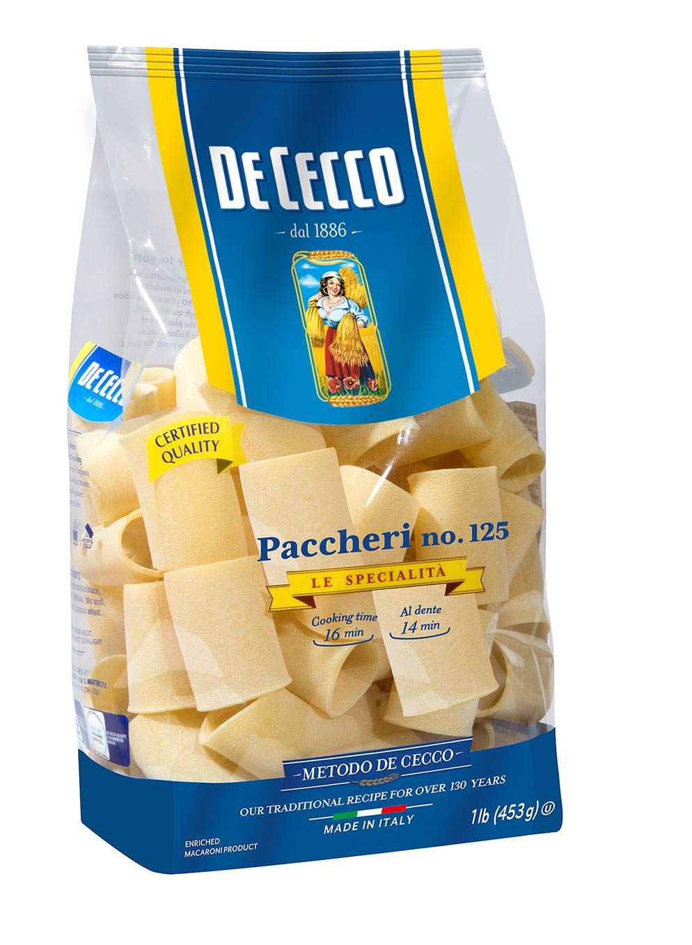 De Cecco Paccheri No.125 dry pasta with bronze-cut texture that holds sauce well.