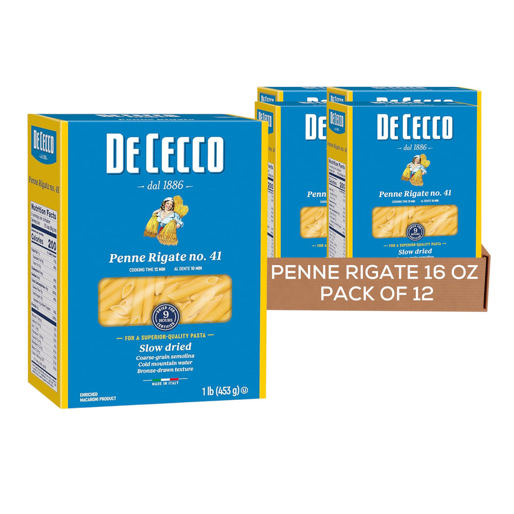 De Cecco Penne Rigate No. 41 packaging on shelf for premium pasta