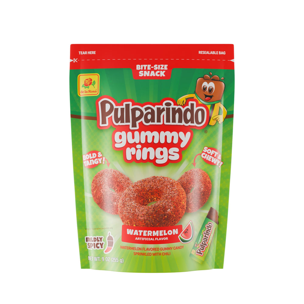 De la Rosa Pulparindo Gummy Rings Watermelon pack front, a tangy spicy snack on the go