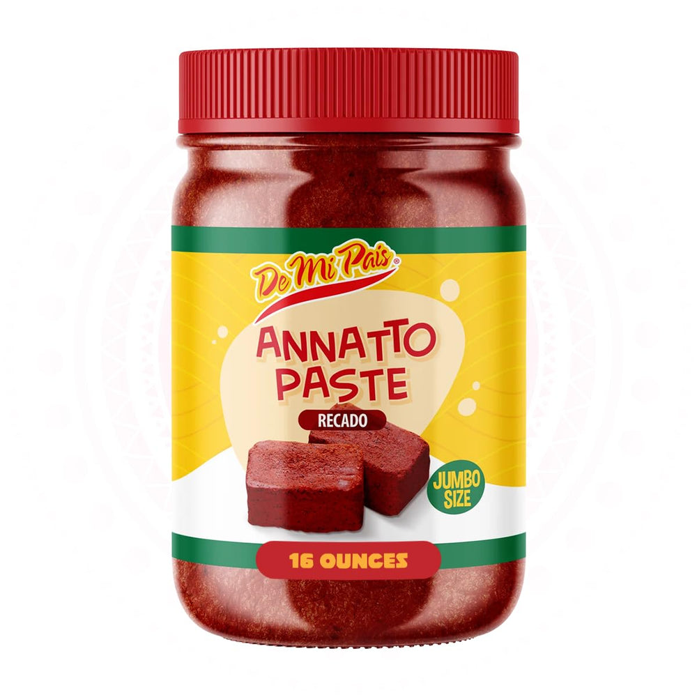 De Mi Pais annatto paste jar front view showing vibrant color for authentic flavor.