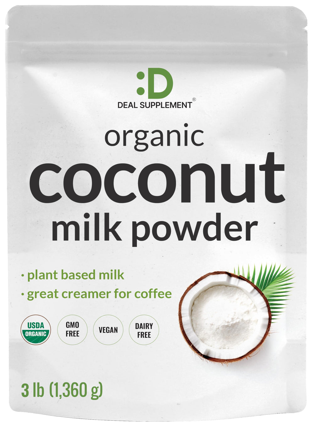 DEAL SUPPLEMENT Organic Coconut Milk Powder tub packaging for a dairy-free creamer