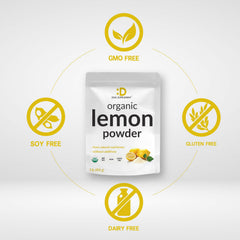 DEAL SUPPLEMENT Organic Lemon Powder label shows non-GMO and allergen-friendly claims.