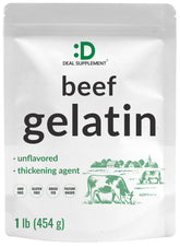 DEAL SUPPLEMENT unflavored beef gelatin powder packaging, a versatile thickener for cooking and baking.