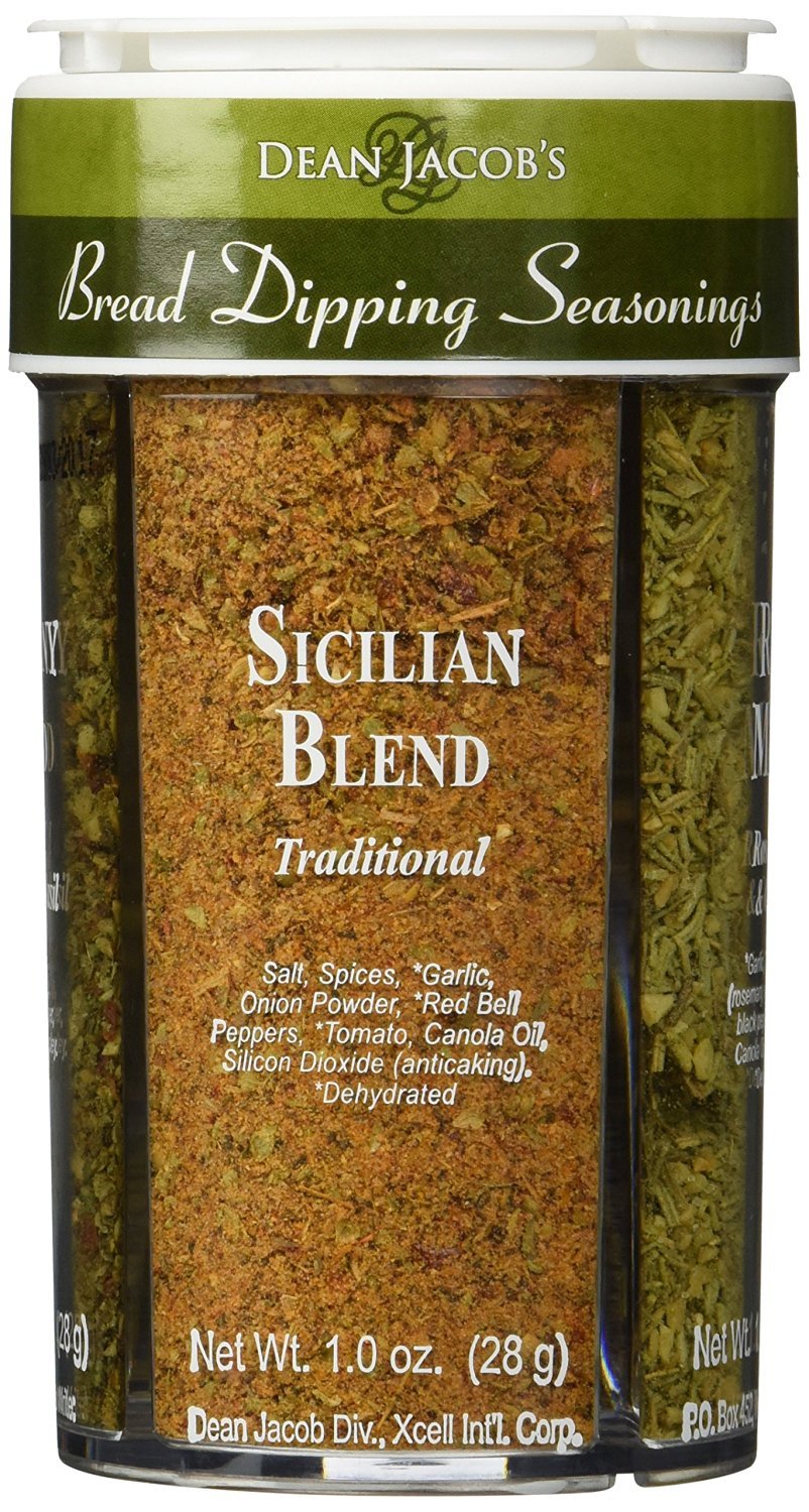Dean Jacob's Sicilian Blend in a four-compartment jar enhances olive oil dipping