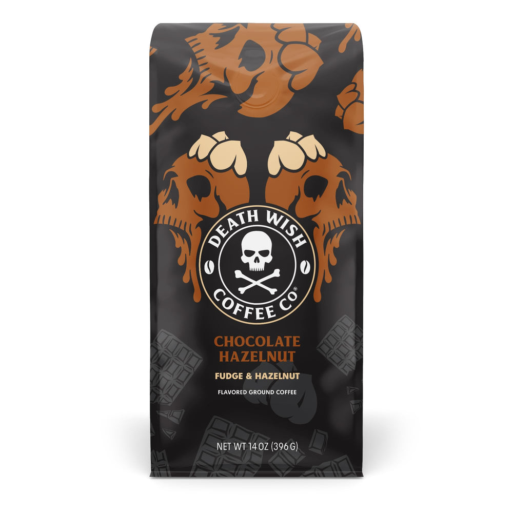 Death Wish Coffee chocolate hazelnut bag-front view highlighting bold flavor.