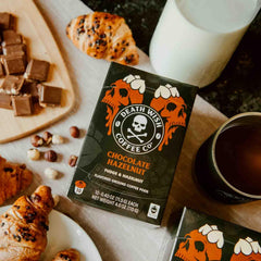 Death Wish Coffee chocolate hazelnut pods cup shows a bold morning brew.
