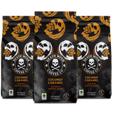 Death Wish Coffee coconut caramel ground bag shows bold flavor for everyday brewing.