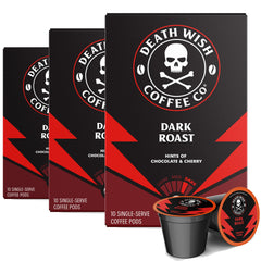 Death Wish Coffee dark roast pods box front for a bold morning boost.