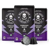Death Wish Coffee Espresso Roast capsules shown on a counter for bold home brewing